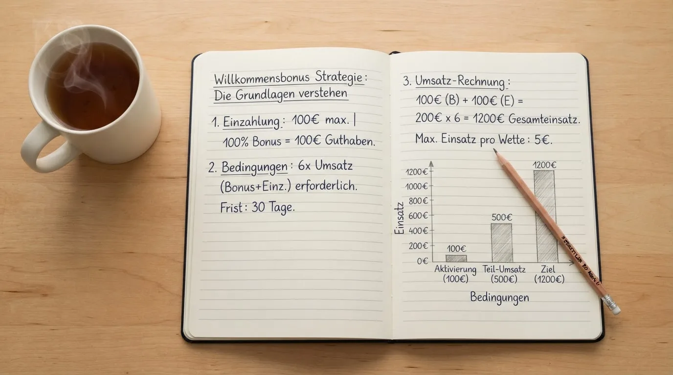 Ein aufgeschlagenes Notizbuch mit handschriftlichen Skizzen und ein Bleistift liegen auf einem Schreibtisch neben einer Tasse Tee.