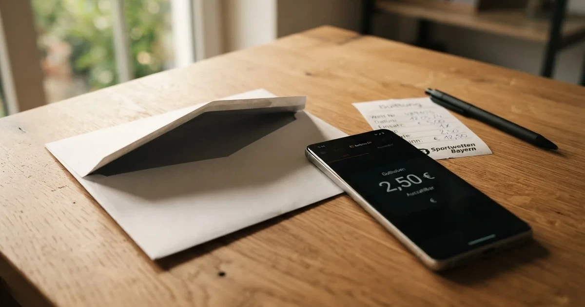 Ein leerer Umschlag und eine Münze liegen auf einer Tischplatte neben einem Smartphone mit dunklem Display.