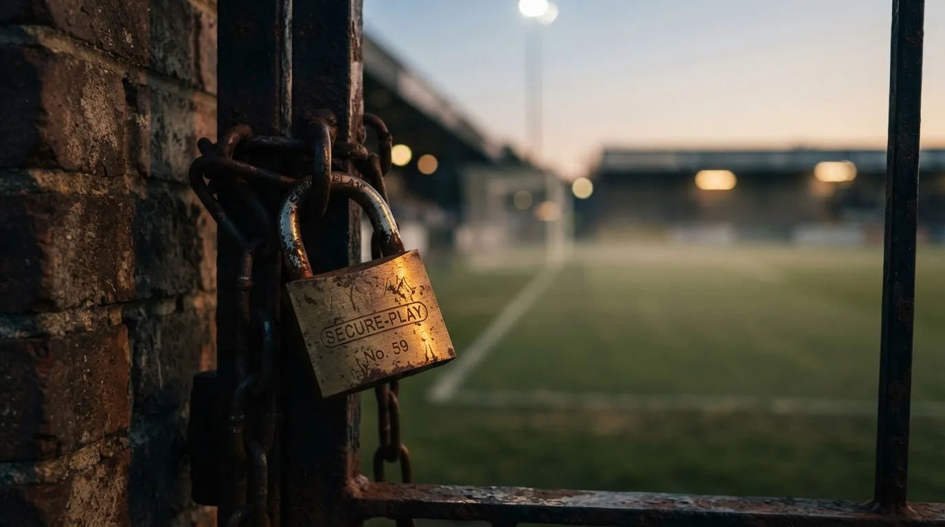 Ein Vorhängeschloss hängt an einem Metalltor in der Dämmerung, im Hintergrund unscharf ein Fußballplatz.