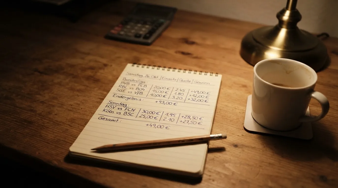 Ein Taschenrechner und ein Bleistift liegen auf einem Schreibtisch neben einer Tasse Kaffee im Licht einer Lampe.