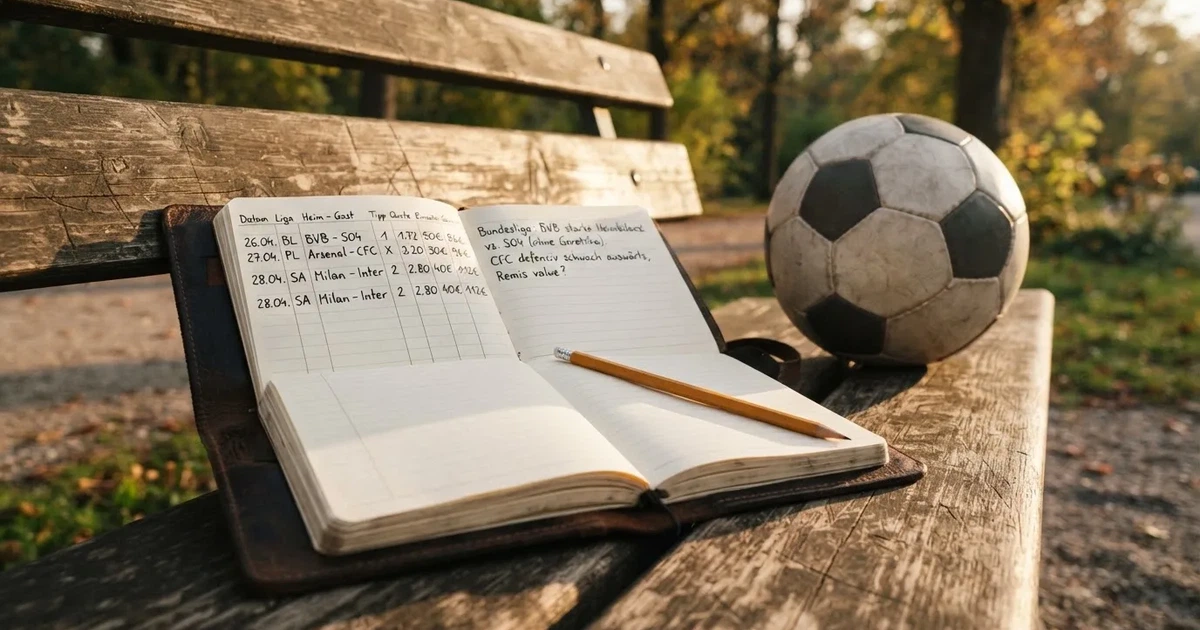 Ein Notizbuch mit handschriftlichen Zahlenkolonnen und ein Bleistift liegen neben einem Fußball auf einer Holzbank.