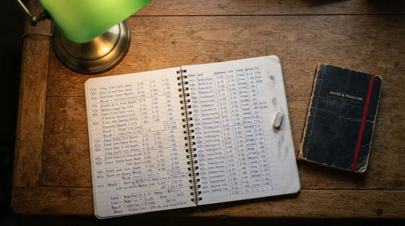 Ein Taschenrechner und ein aufgeschlagenes Notizbuch mit handschriftlichen Zahlenreihen liegen unter einer Schreibtischlampe.