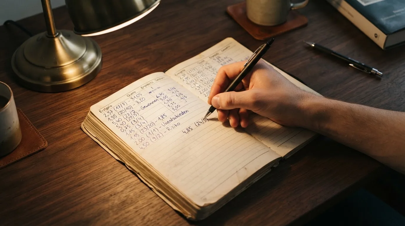 Ein Taschenrechner und ein aufgeschlagenes Notizbuch mit handschriftlichen Zahlenreihen liegen unter einer Schreibtischlampe.