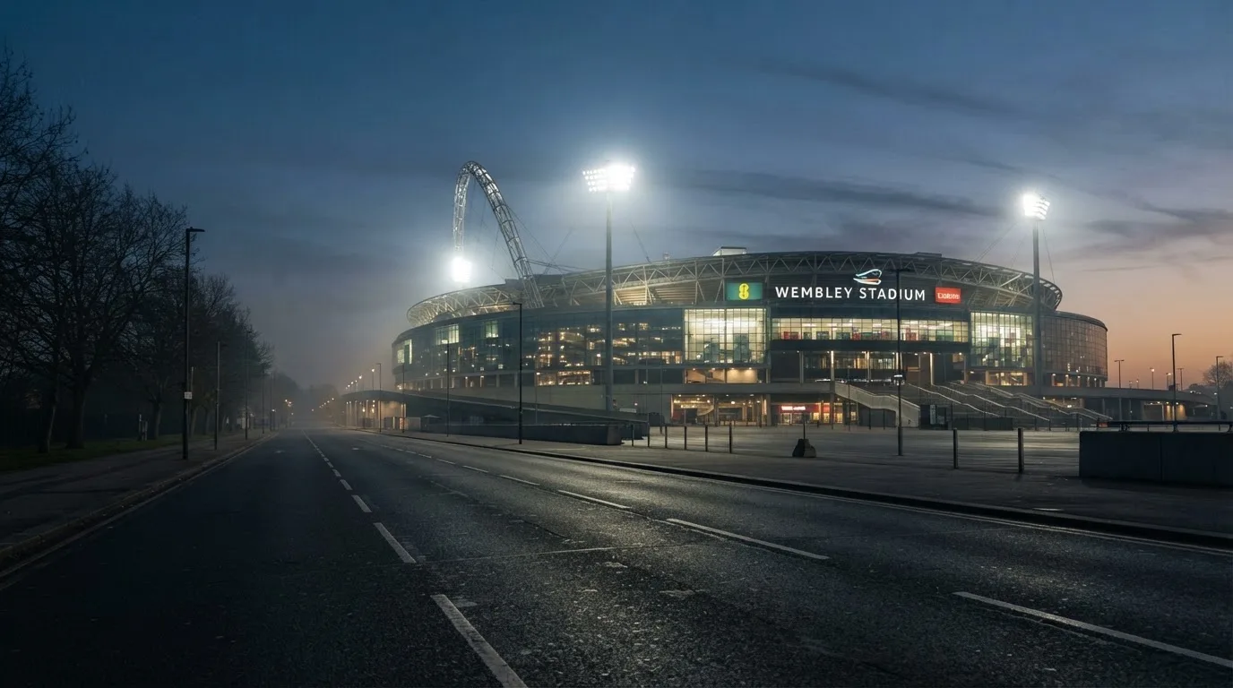 Ein Stadion unter Flutlicht aus der Ferne gesehen, davor eine leere Straße in der Abenddämmerung mit leichtem Dunst.
