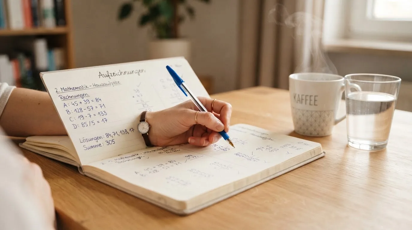 Ein Notizbuch mit handschriftlichen Rechnungen und ein Taschenrechner liegen auf einem hellen Schreibtisch neben einer Kaffeetasse.