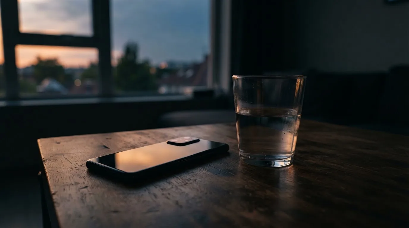 Ein Smartphone liegt mit dem Display nach unten auf einem Holztisch neben einem Glas Wasser, Abendlicht fällt durch ein Fenster.