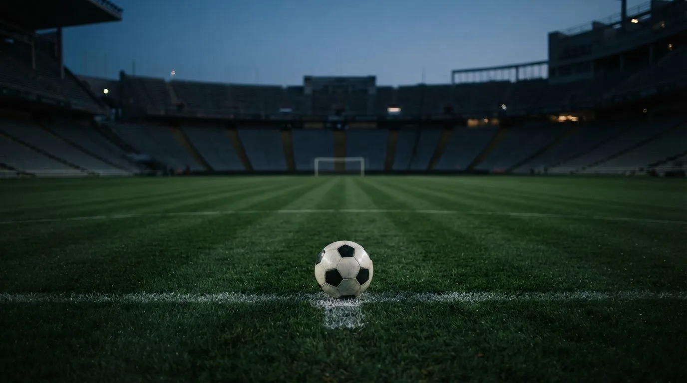 Ein Fußball liegt auf dem Anstoßpunkt eines leeren Rasenplatzes, dahinter ragen dunkle Ränge in den Abendhimmel.