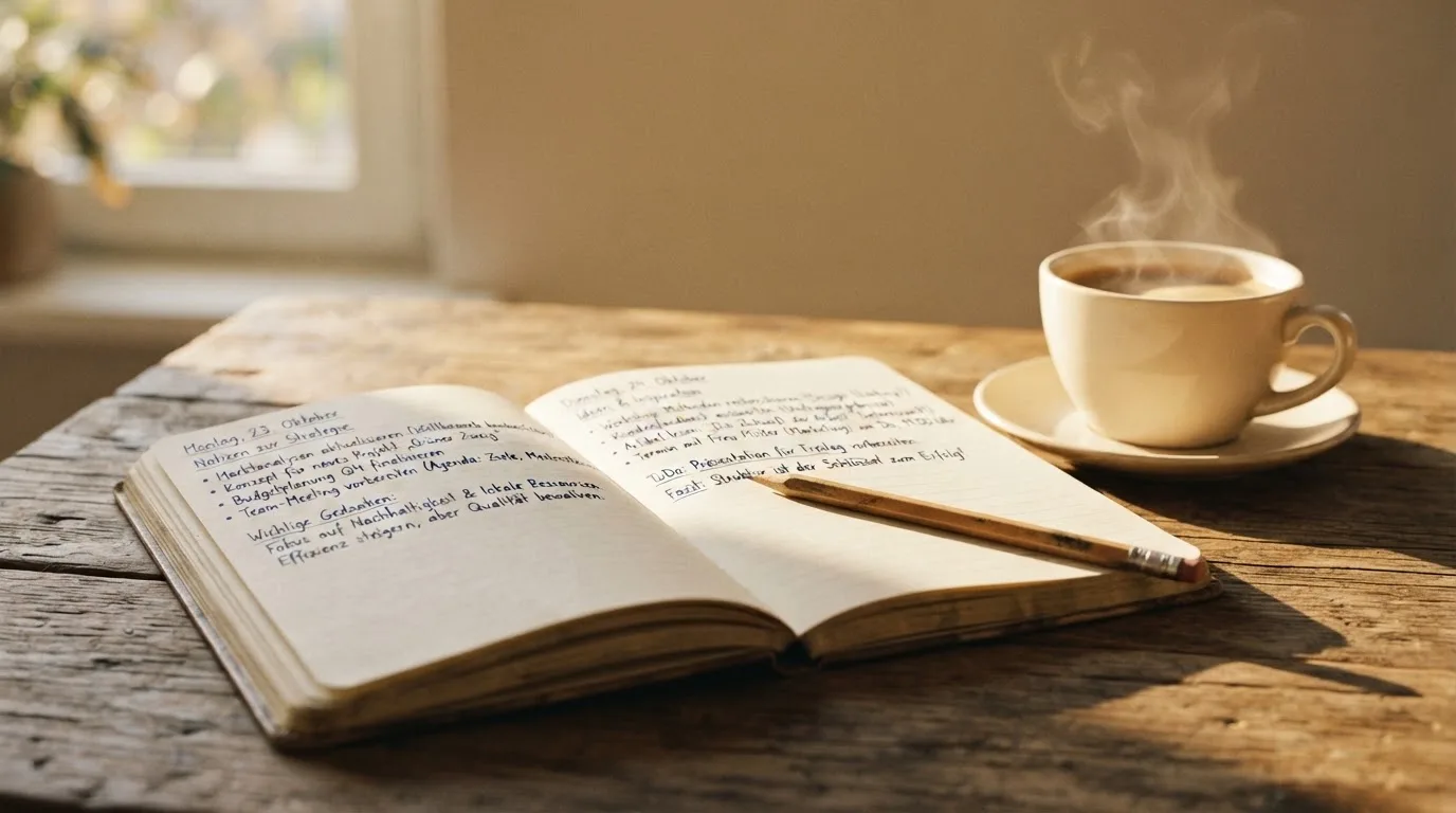 Ein Notizbuch mit handschriftlichen Notizen und einem Bleistift liegt auf einem Tisch, daneben steht eine Kaffeetasse im Morgenlicht.