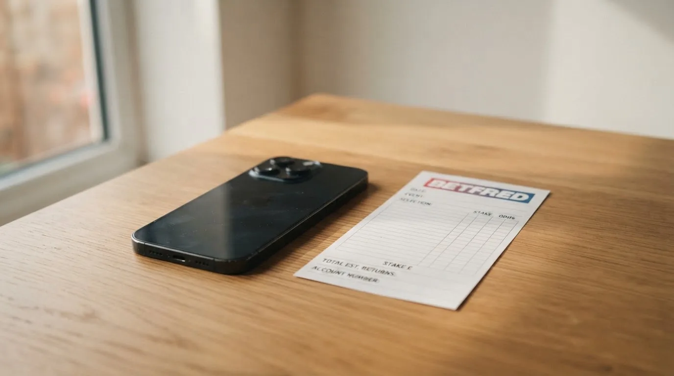 Ein Smartphone liegt mit dunklem Display auf einem Holztisch neben einem leeren Papier-Wettschein, Licht fällt von einem Fenster.