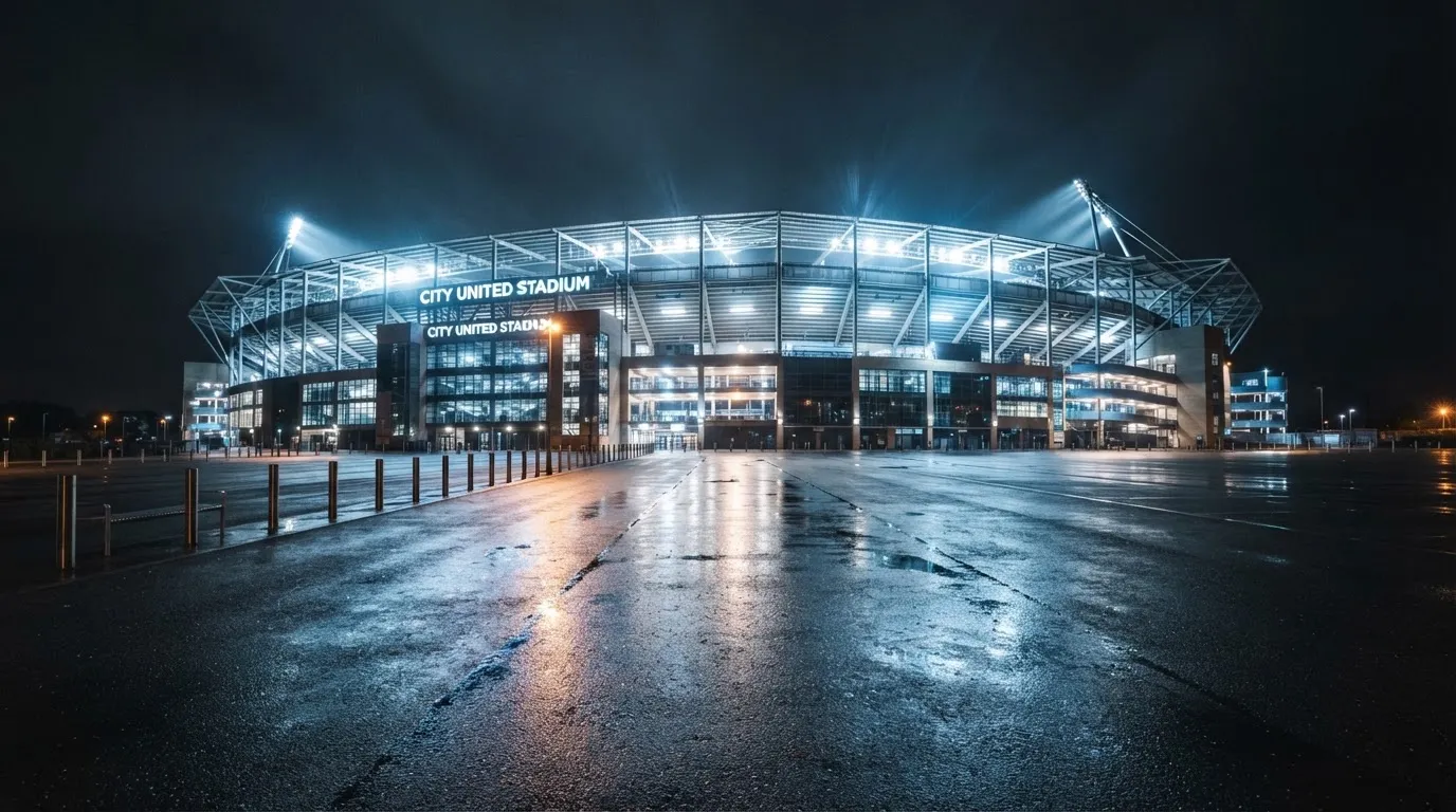 Ein Stadion unter Flutlicht von weitem betrachtet, davor ein stiller Platz bei Dunkelheit und feuchtem Asphalt.