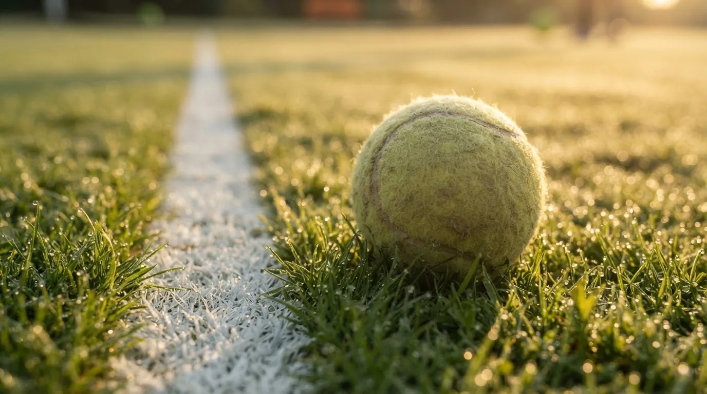 Ein Tennisball liegt auf frisch gemähtem Gras neben einer weißen Linie, Tautropfen glänzen im Gegenlicht.