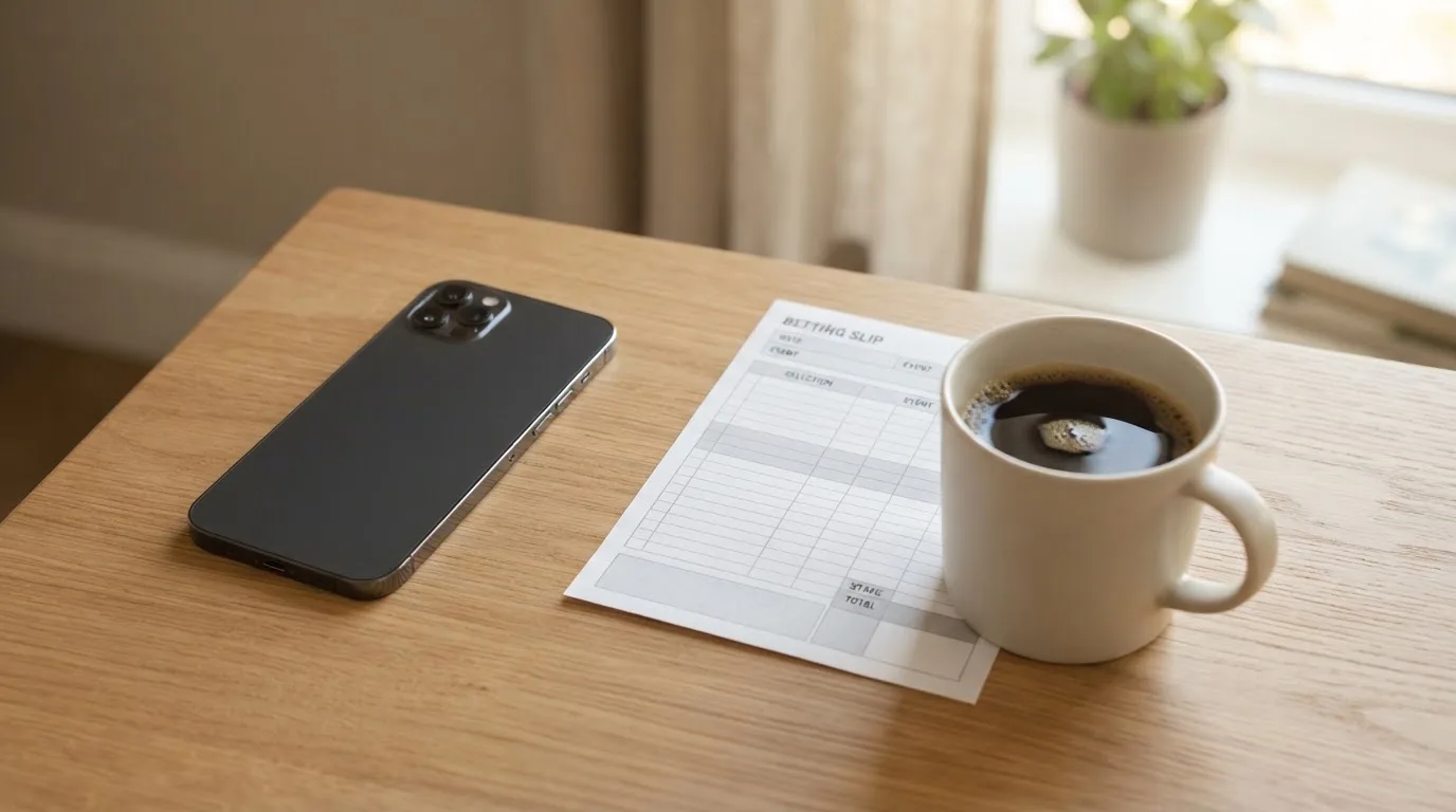 Ein Smartphone mit dunklem Display liegt neben einem leeren Papier-Wettschein auf einem Tisch am Fenster.