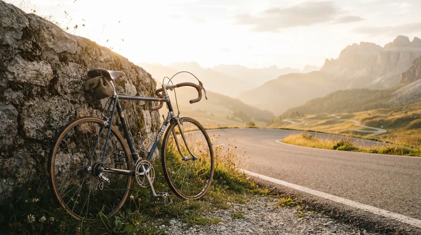 Ein Rennrad lehnt an einer Steinmauer in einer Bergkurve, im Hintergrund eine weite Hügellandschaft im Gegenlicht.