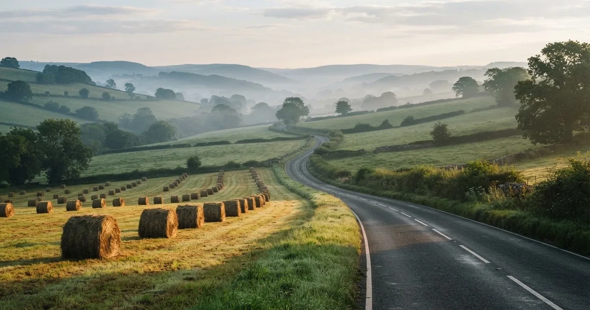 Eine Landstraße schlängelt sich durch Hügel im Morgennebel, am Straßenrand liegen Heuballen auf einem abgemähten Feld.