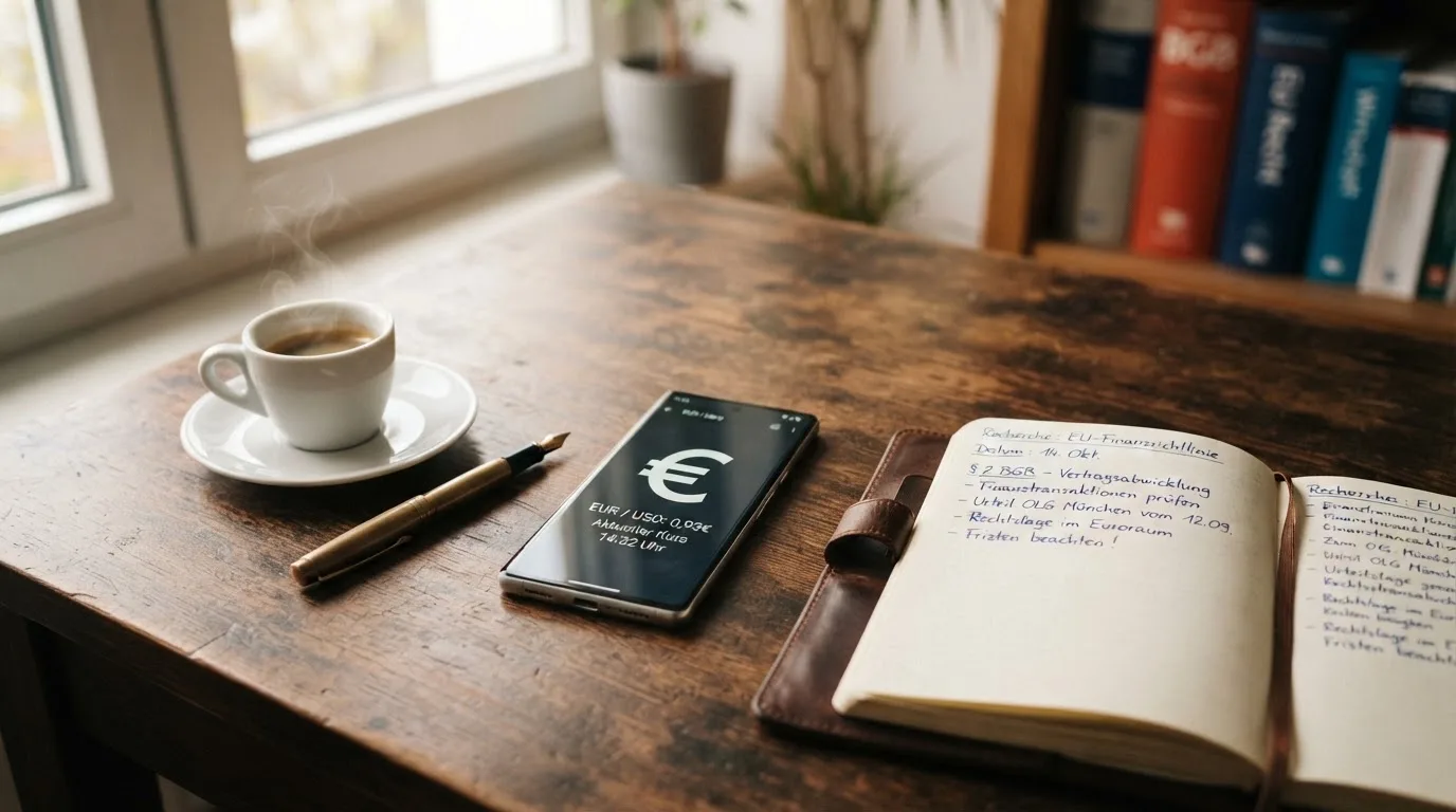 Ein Smartphone liegt auf einem Tisch neben einem Notizbuch mit handschriftlichen Notizen und einer Tasse Kaffee.