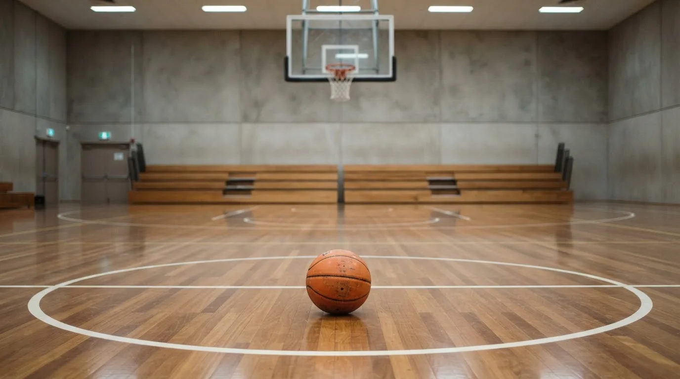 Ein Basketballkorb in einer leeren Halle, der Ball liegt unter dem Brett auf dem Parkett.