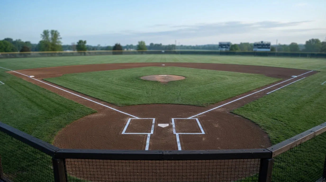 Ein Baseballfeld mit leerem Infield im Morgenlicht, die Linien frisch gezogen, keine Spieler im Bild.