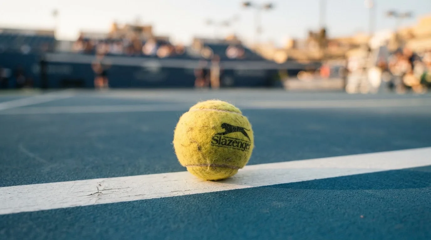 Ein Tennisball liegt in Nahaufnahme auf einer Grundlinie, dahinter verschwimmt ein leerer Platz in warmem Licht.