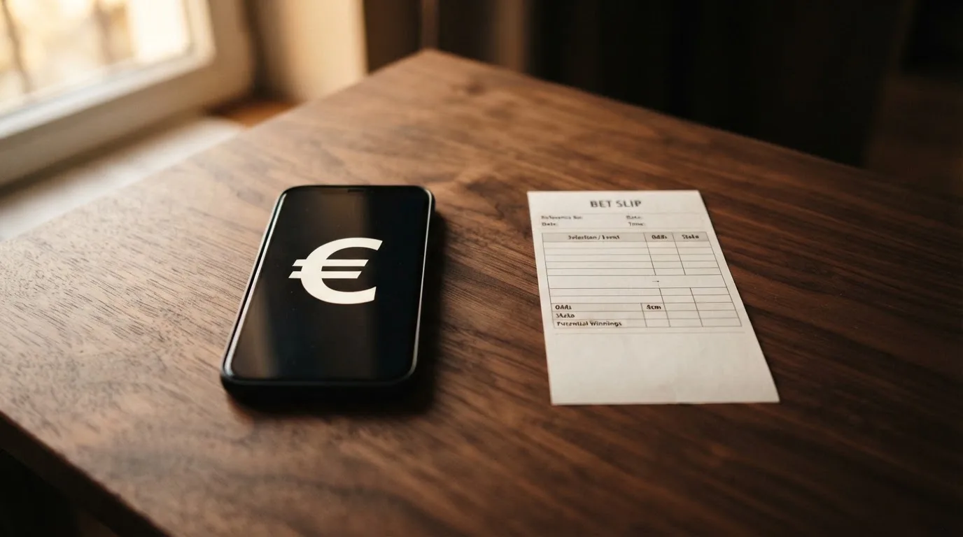 Ein Smartphone mit dunklem Display liegt neben einem leeren Papier-Wettschein auf einem Tisch, Licht fällt von der Seite.