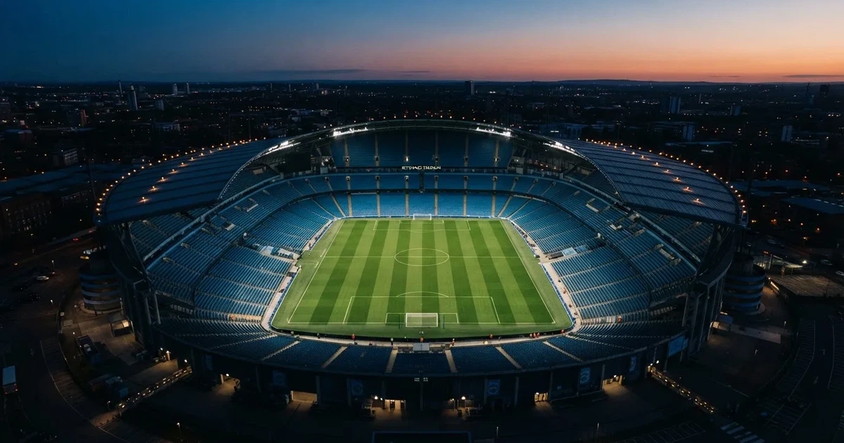 Ein riesiges Stadion in der Abenddämmerung aus der Vogelperspektive gesehen, die Lichter an den Rängen sind eingeschaltet.
