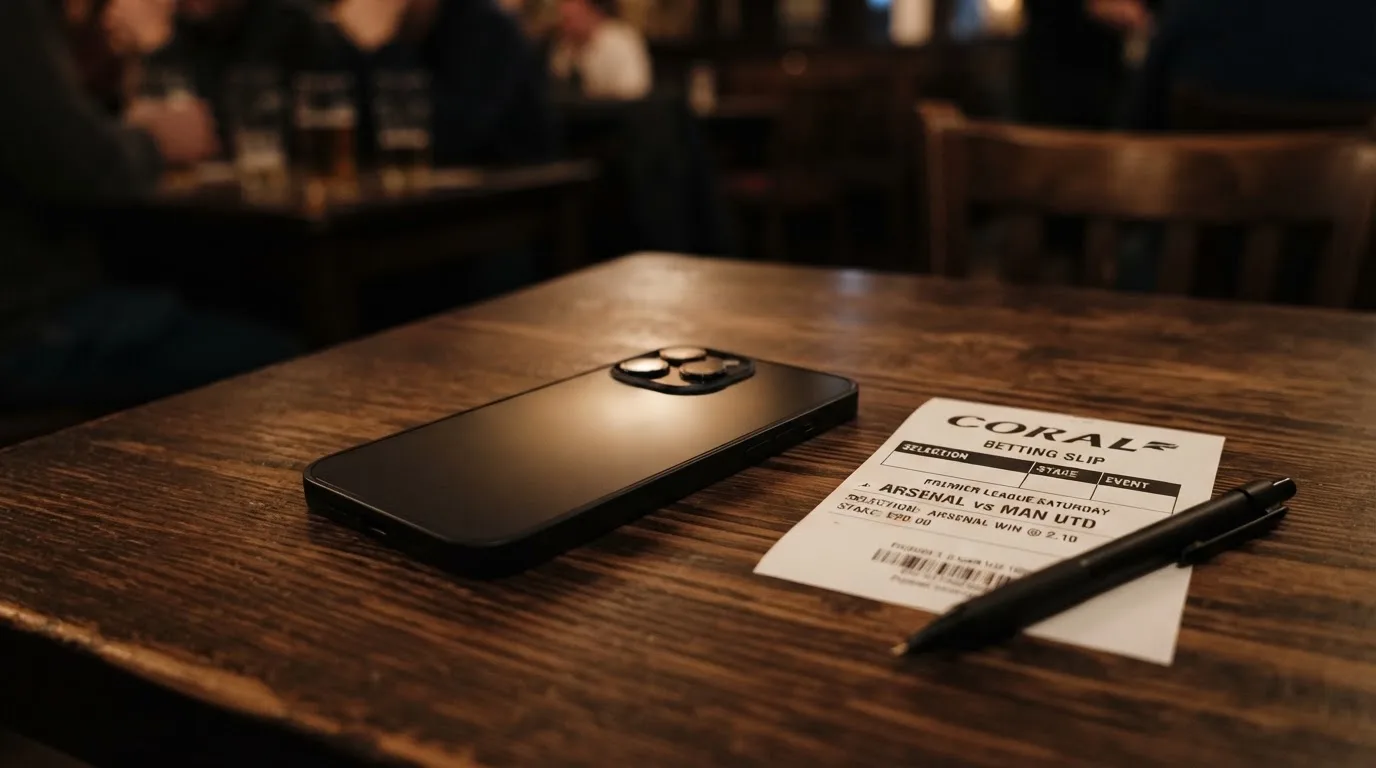 Ein Smartphone liegt mit dunklem Display neben einem leeren Papier-Wettschein und einem Stift auf einem Holztisch.
