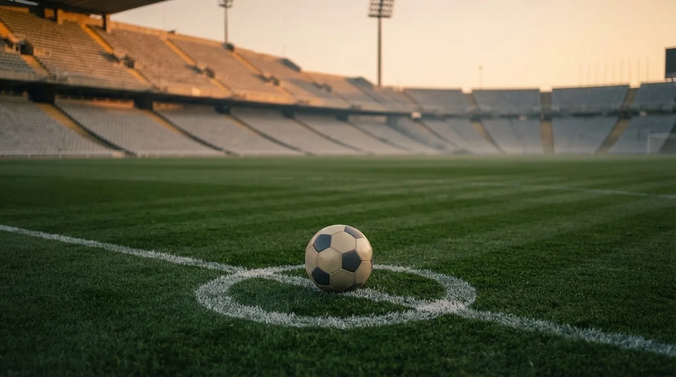 Ein Fußball liegt auf dem Anstoßpunkt eines Rasenplatzes, dahinter eine leere Tribüne im Abendlicht.