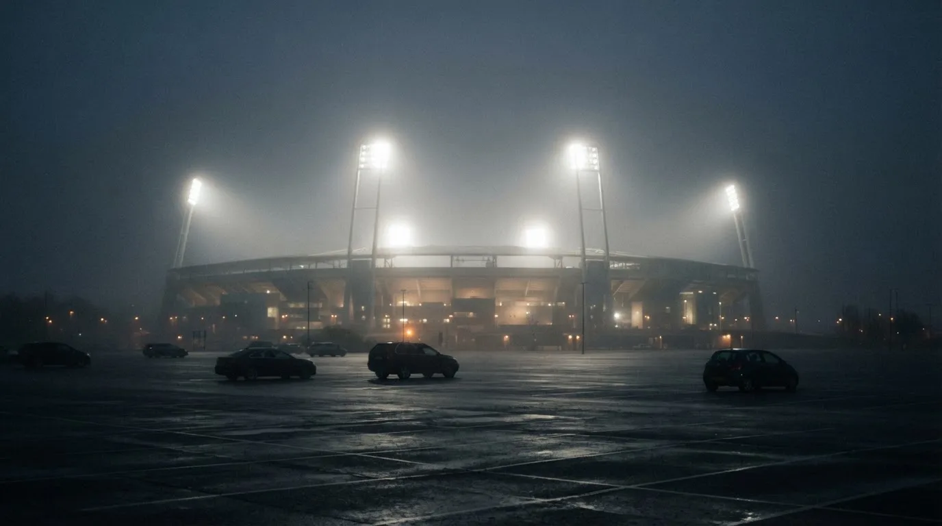 Ein Stadion unter Flutlicht aus der Ferne gesehen, davor ein stiller Parkplatz bei Nebel.