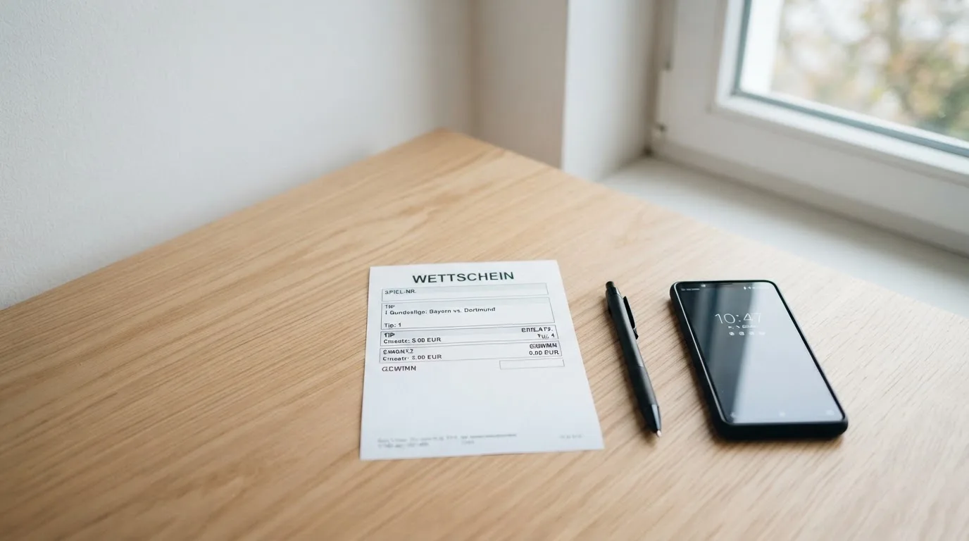 Ein leerer Papier-Wettschein und ein Kugelschreiber liegen neben einem Smartphone mit dunklem Display auf einem Schreibtisch am Fenster.