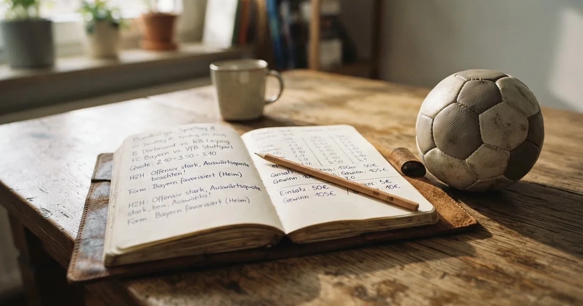 Ein Notizbuch mit handschriftlichen Notizen und einem Bleistift liegt auf einem Holztisch, daneben ein kleiner Fußball im Tageslicht.