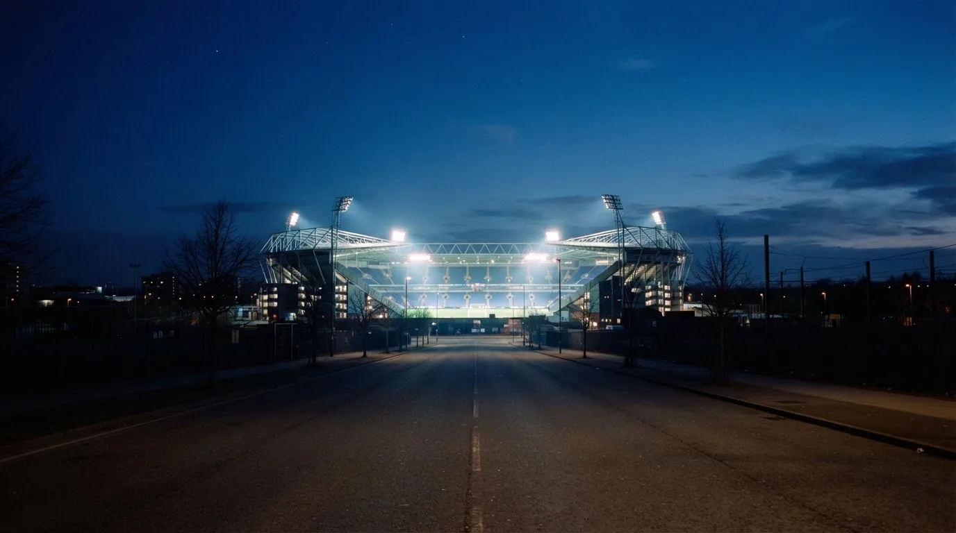 Ein Stadion unter Flutlicht aus großer Entfernung, davor eine leere Straße in der Abenddämmerung.