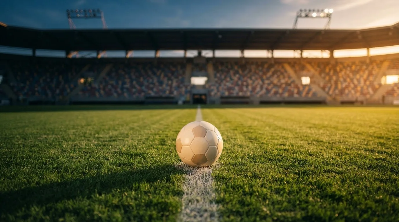 Ein Fußball liegt auf dem Anstoßpunkt eines Rasenplatzes, dahinter eine leere Tribüne im Abendlicht.