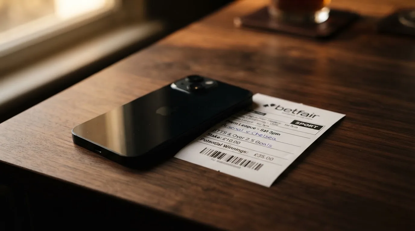 Ein Smartphone mit dunklem Display liegt neben einem leeren Papier-Wettschein auf einem Holztisch, Licht fällt von der Seite.