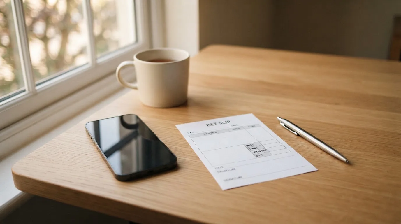 Ein leerer Papier-Wettschein und ein Kugelschreiber liegen neben einem Smartphone mit dunklem Display auf einem Schreibtisch am Fenster.