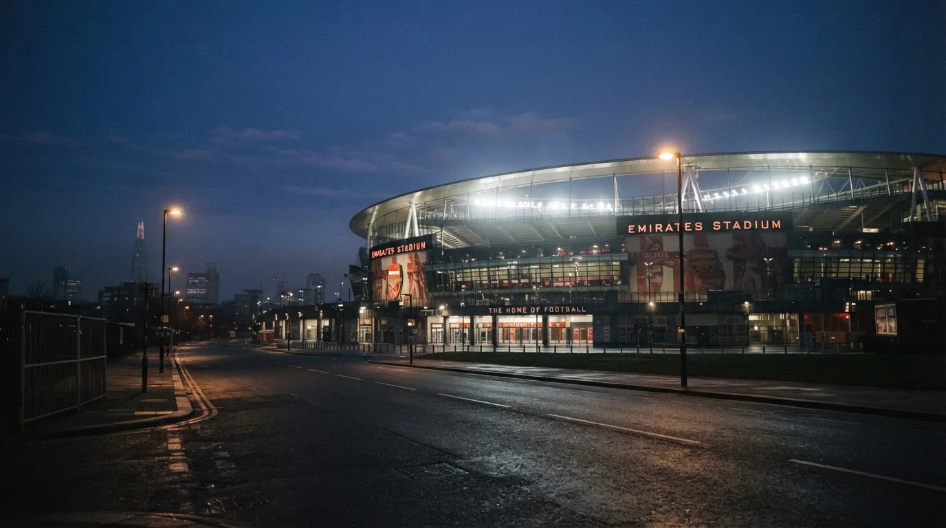 Ein Stadion unter Flutlicht aus großer Entfernung, davor eine leere Straße in der Abenddämmerung.