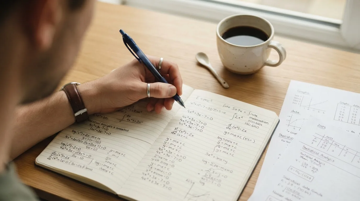 Ein Notizbuch mit handschriftlichen Notizen und ein Taschenrechner stehen auf einem Schreibtisch, daneben eine Tasse.