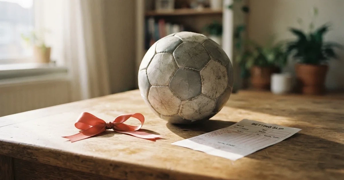 Ein kleines Geschenkband liegt neben einem Fußball und einem leeren Papier-Wettschein auf einem Holztisch im Tageslicht.