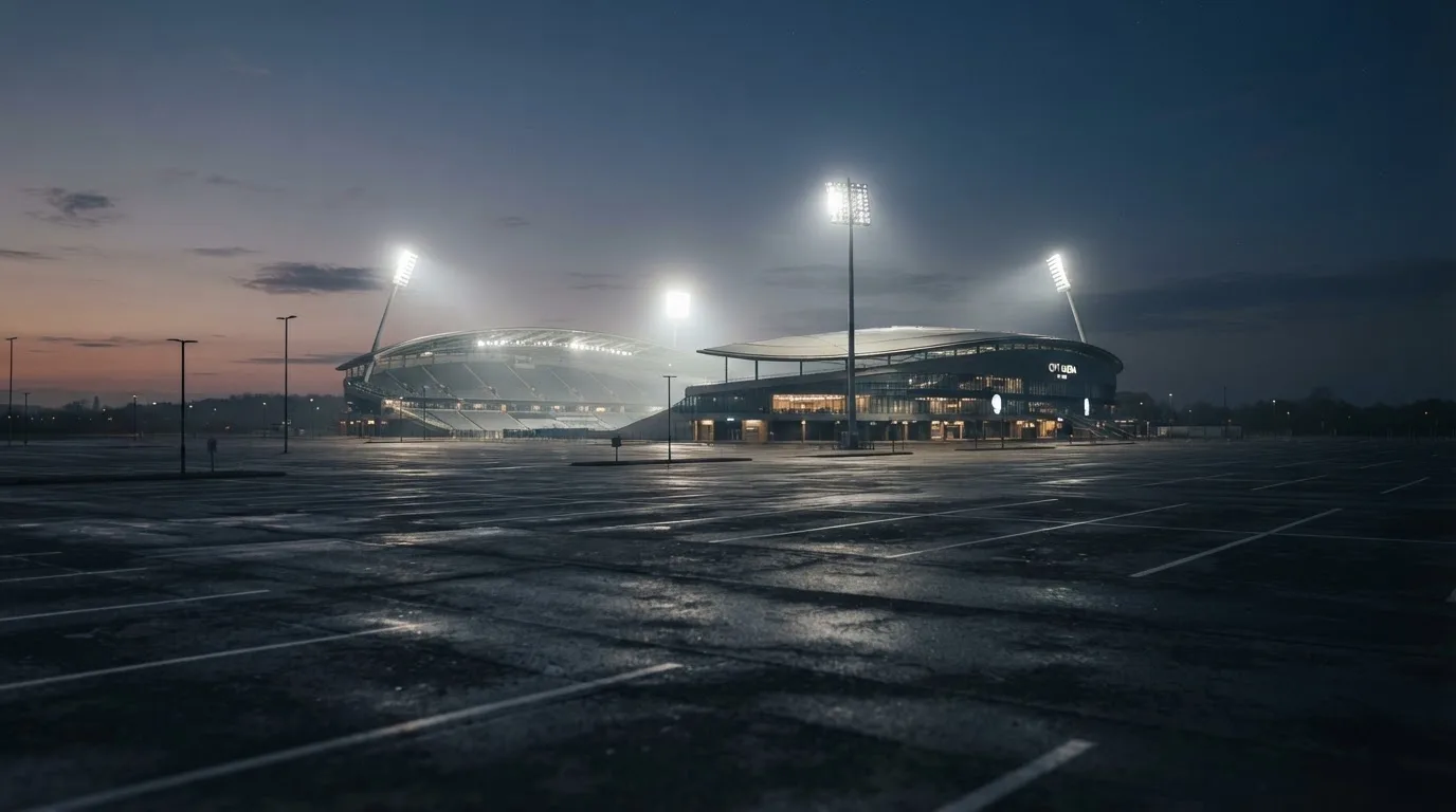 Ein Stadion unter Flutlicht aus der Ferne gesehen, davor ein leerer Parkplatz im Dunst.
