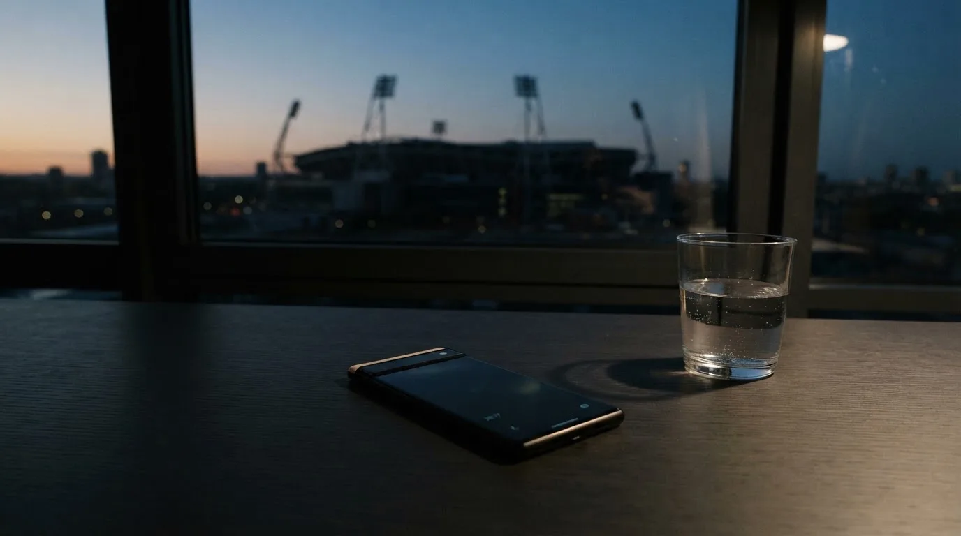 Ein Smartphone mit dunklem Display liegt auf einem Schreibtisch neben einem Glas Wasser, im Fenster dahinter ein Stadion im Dämmerlicht.