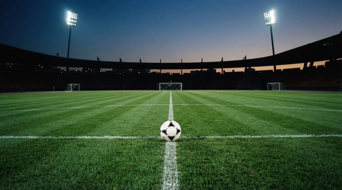 Ein Fußball liegt auf dem Mittelkreis eines leeren Rasenplatzes unter Flutlicht am frühen Abend, die Tribünen sind nur schemenhaft zu erkennen.