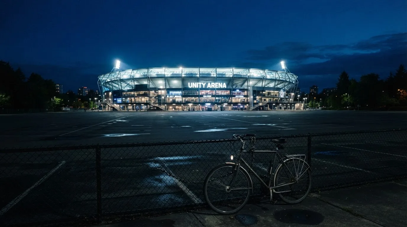 Ein Stadion unter Flutlicht aus der Ferne gesehen, davor ein dunkler Parkplatz und ein einzelnes Fahrrad an einem Zaun.