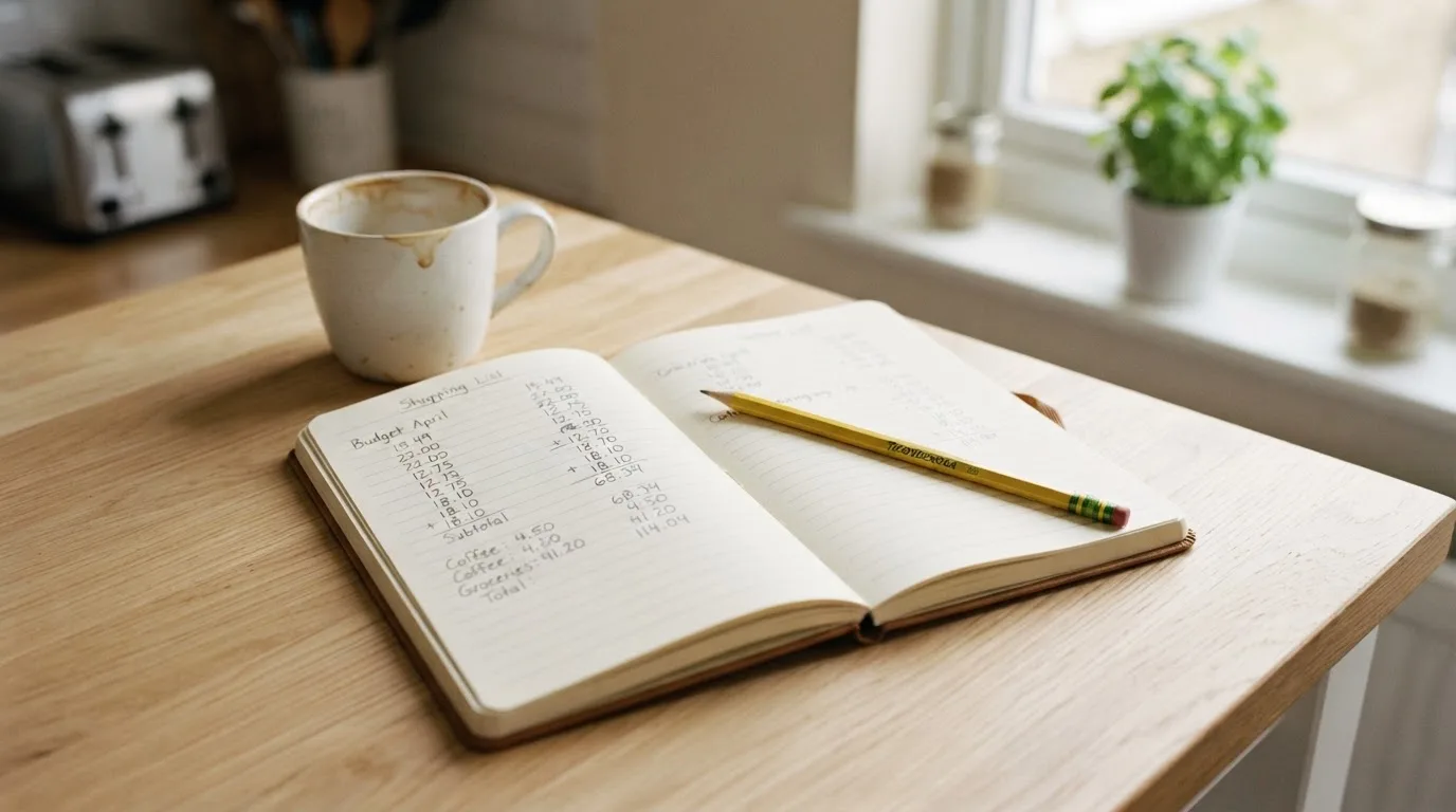 Ein Notizbuch mit handschriftlichen Zahlenreihen und ein Bleistift liegen auf einem Küchentisch neben einer Tasse.
