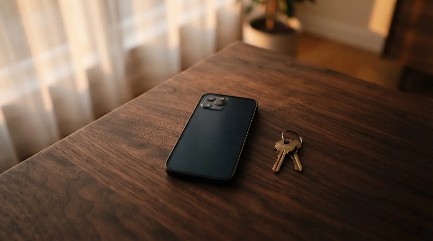 Ein Smartphone mit dunklem Display liegt auf einem Holztisch, daneben ein Schlüsselbund, im Hintergrund ein Fenster mit Abendlicht.