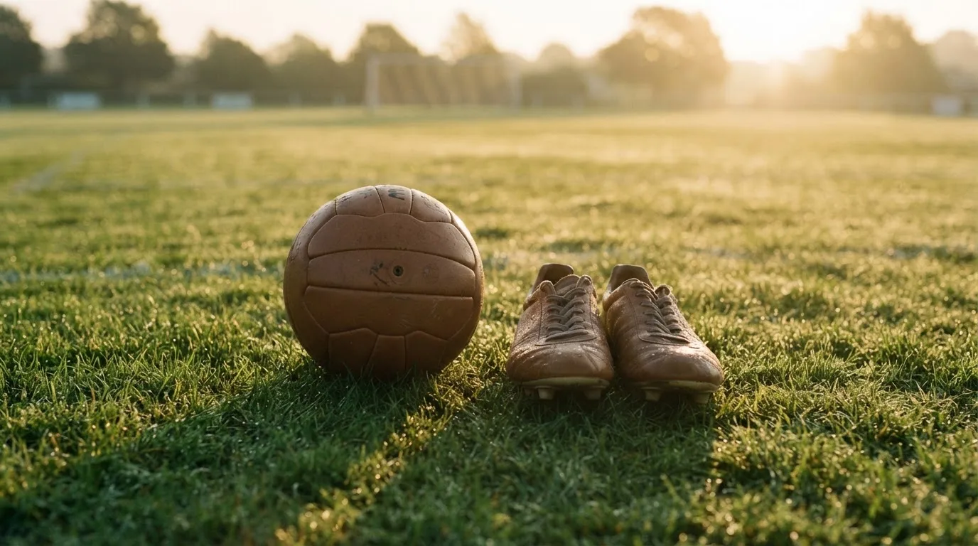 Ein Fußball auf frisch gemähtem Rasen im Morgenlicht, daneben ein Paar Fußballschuhe ohne erkennbare Marke.