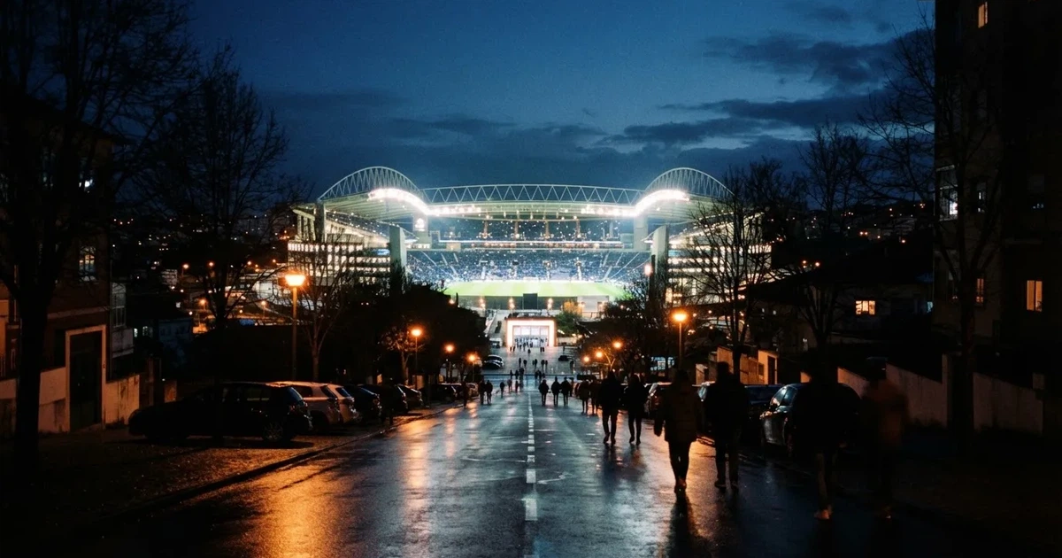 Ein Fußballstadion bei Nacht aus großer Entfernung, hell erleuchtet unter Flutlicht, davor eine dunkle Straße und Bäume.