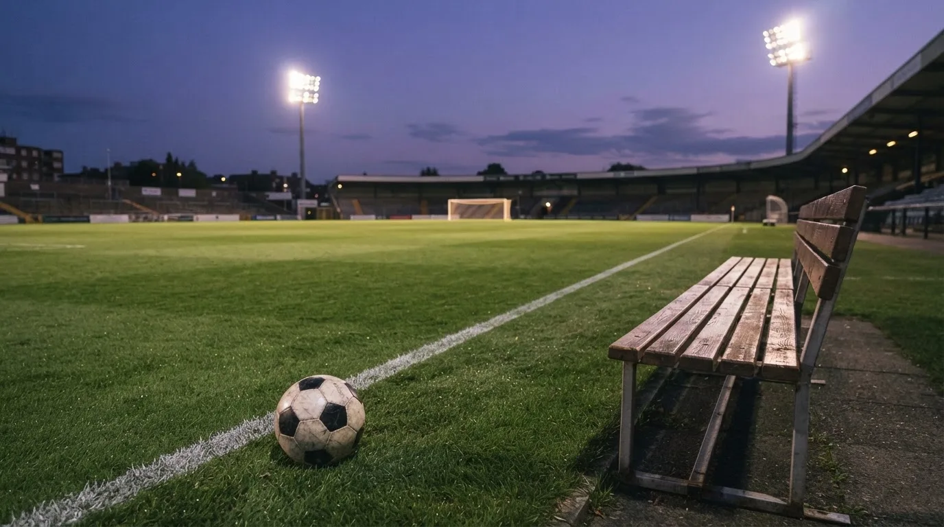 Ein Fußball liegt am Spielfeldrand neben einer leeren Ersatzbank, das Flutlicht über dem Platz leuchtet in der Dämmerung.