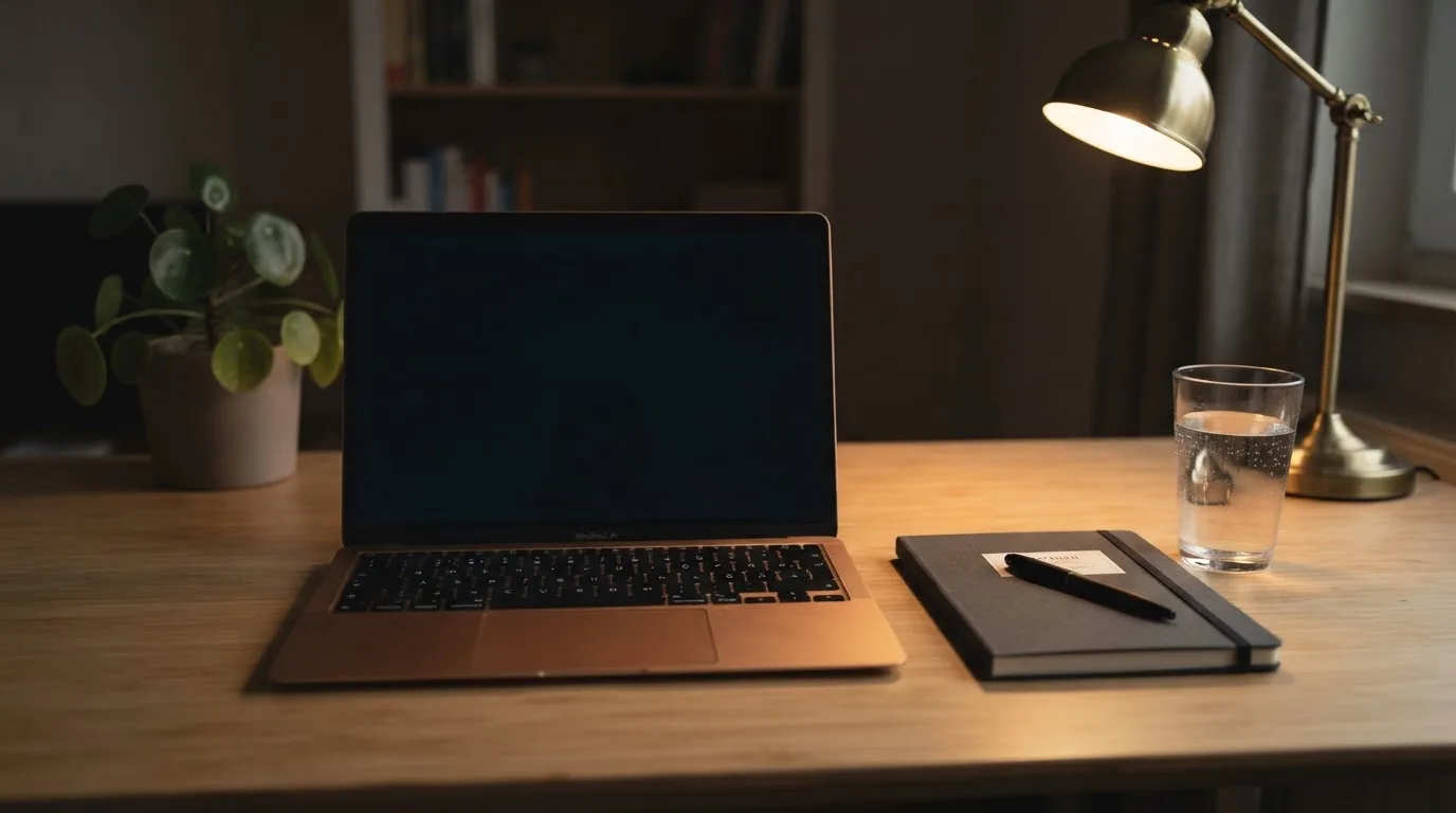 Ein Laptop mit dunklem Bildschirm steht aufgeklappt auf einem Schreibtisch, daneben ein Notizbuch und ein Glas Wasser.