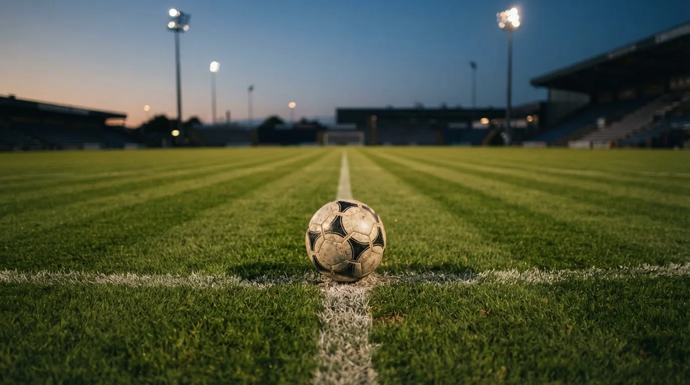 Ein Fußball liegt auf dem Anstoßpunkt eines Rasenplatzes in der Abenddämmerung, Flutlichtmasten stehen unscharf im Hintergrund.