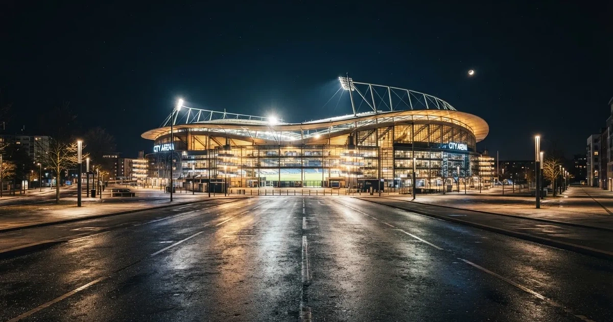 Ein hell erleuchtetes Fußballstadion bei Nacht aus der Ferne gesehen, über dem Dach ein klarer Himmel, davor eine leere Straße.