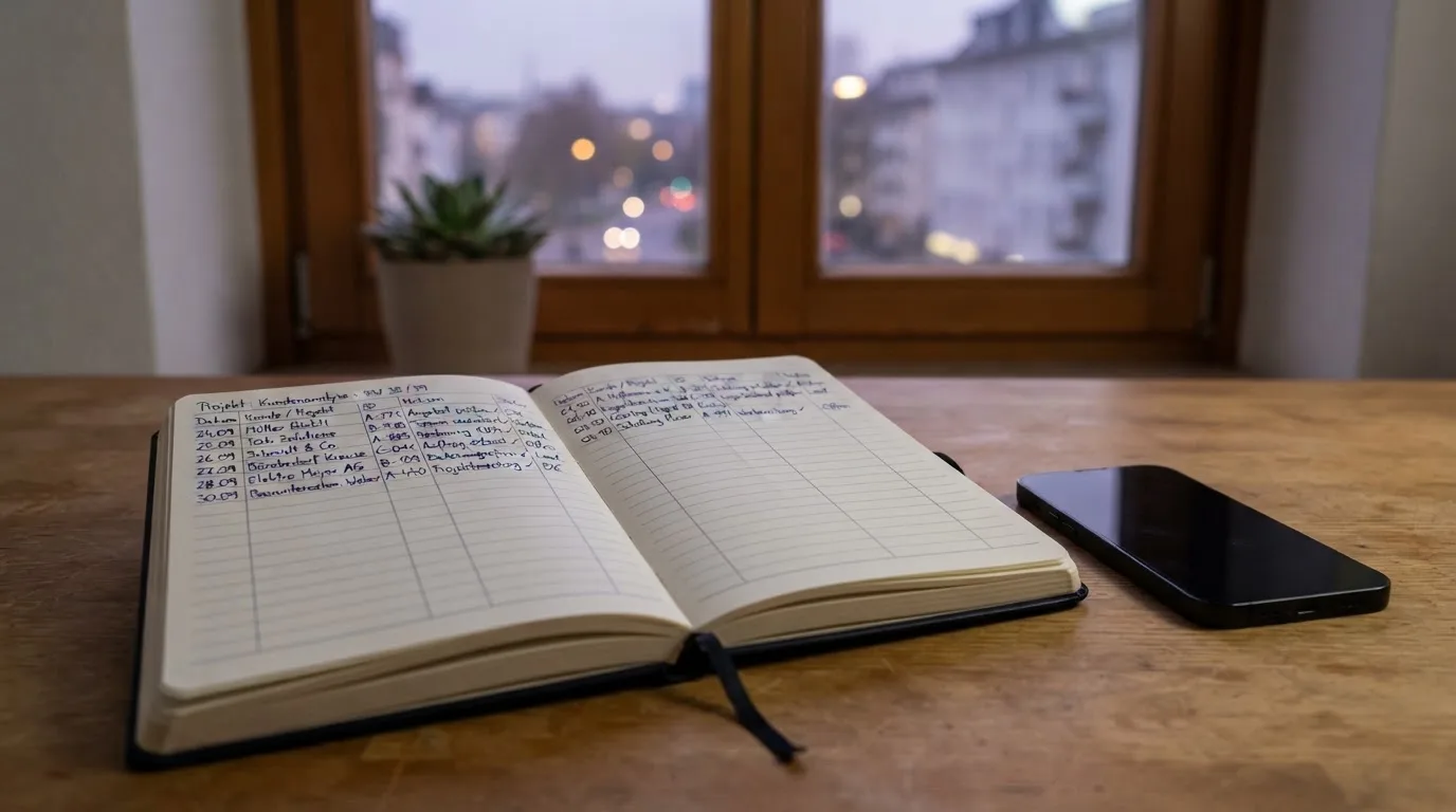 Ein Notizbuch mit handschriftlichen Zahlen liegt neben einem Smartphone mit dunklem Display auf einem Tisch, im Fenster Dämmerlicht.