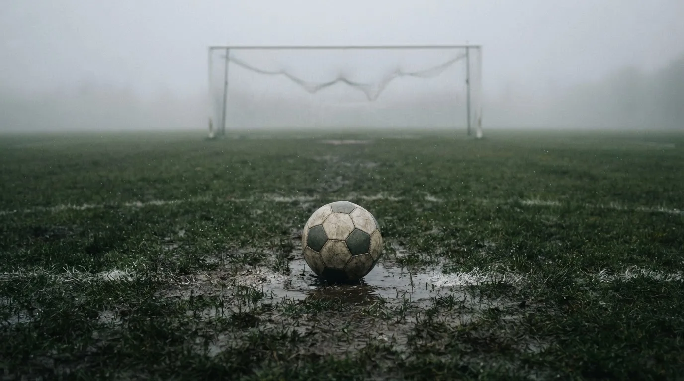 Ein Fußball liegt auf dem Elfmeterpunkt eines nassen Rasenplatzes, im Hintergrund ein leeres Tor im Nebel.